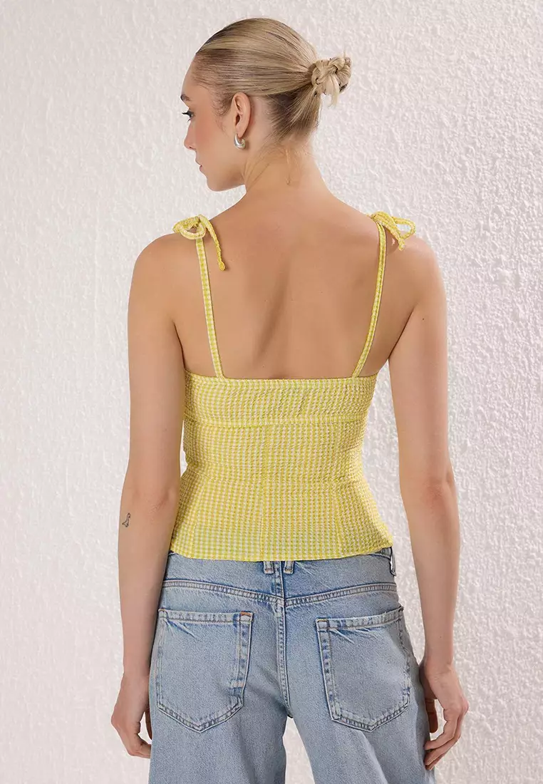 Yellow Textured Gingham Strappy Fitted Woven Blouse Twoss25Bz00574