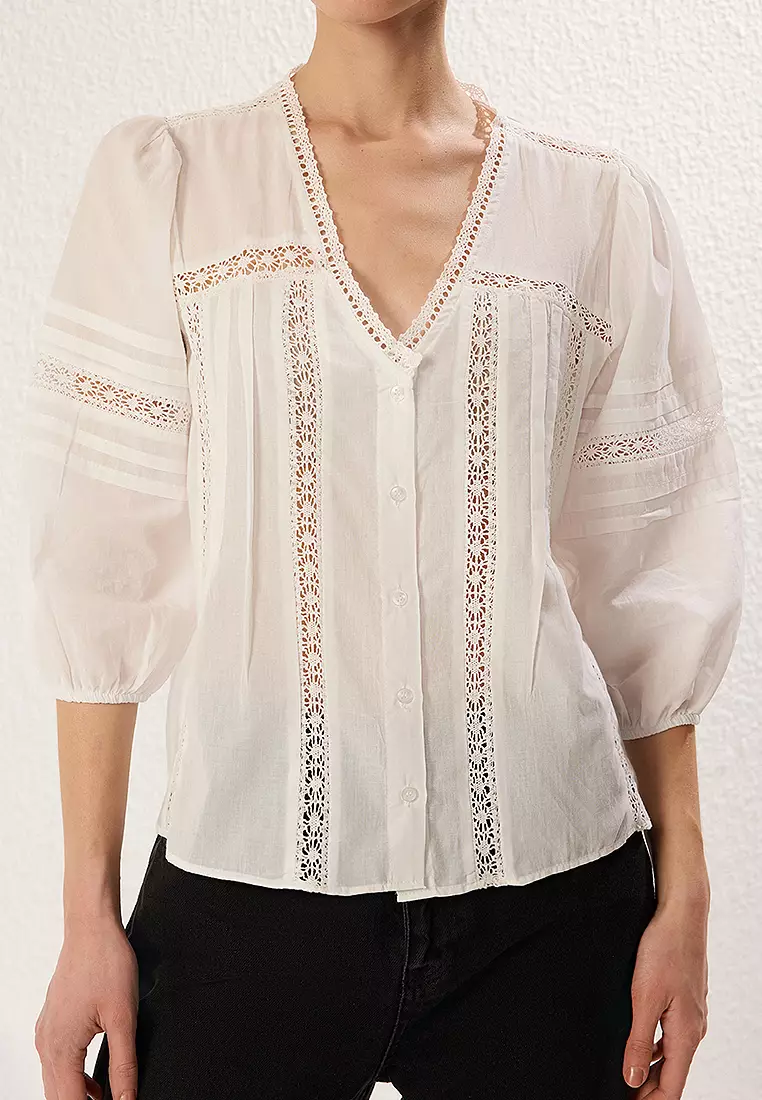 Cotton V-Neck 3/4 Sleeves Openwork Blouse