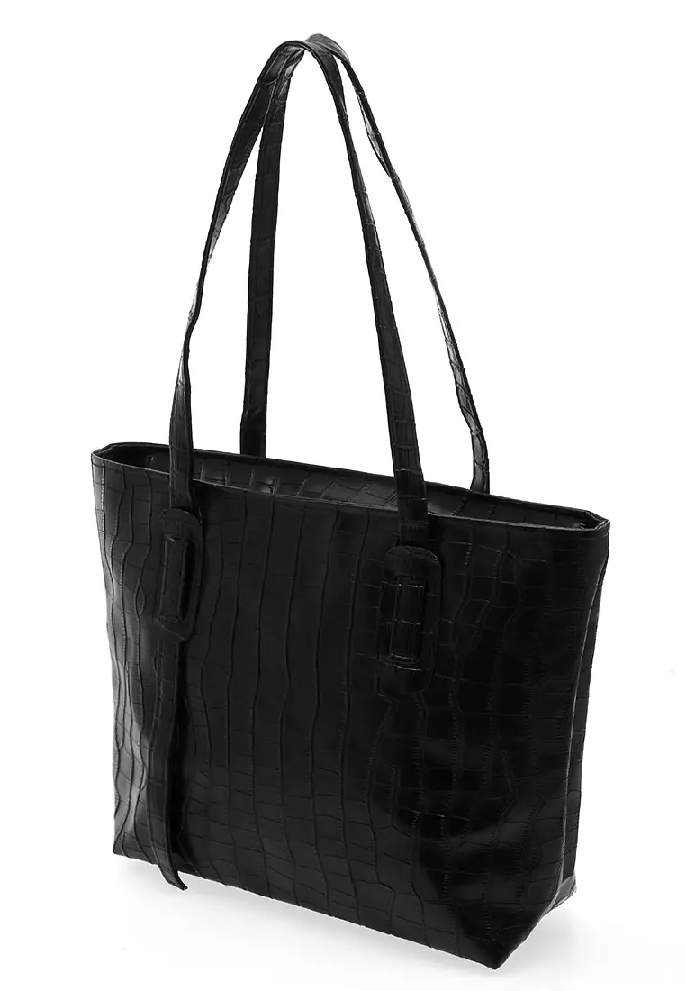 Vonica Tote Bag Motif Crocodile Tas Wanita Quality Premium - Black