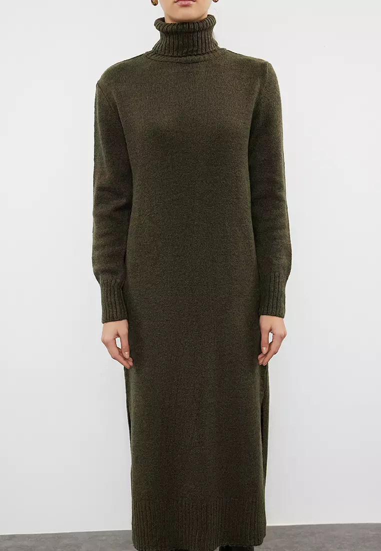 Khaki Midi Wide Fit Soft Texture Knitwear Dress