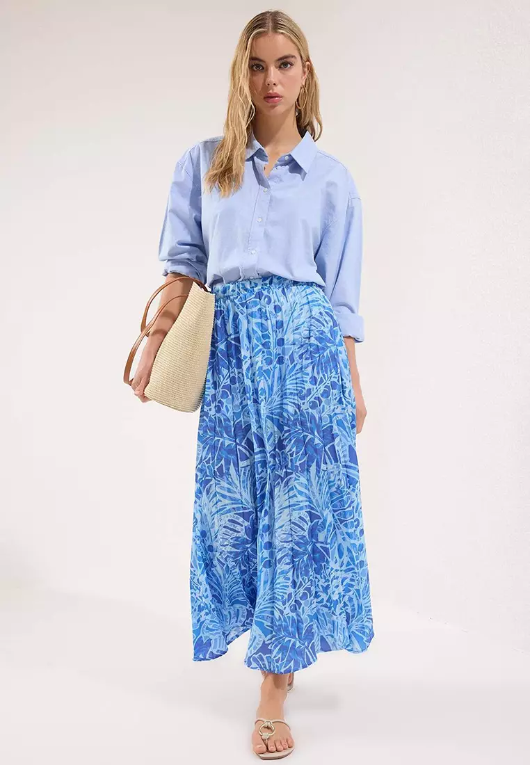 Blue Floral Patterned Pleated Elastic Waist Woven Skirt Tctss23Ee00018