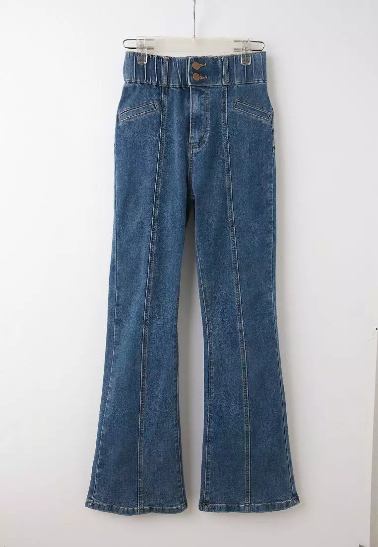 視覺細-5KG．彈力高腰造型口袋喇叭牛仔顯瘦褲《BA7587》