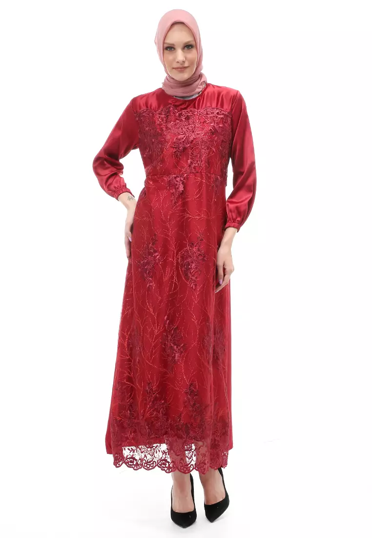 Monita Gamis Brokat Tile Wanita Muslimah Regular Fit - Maroon