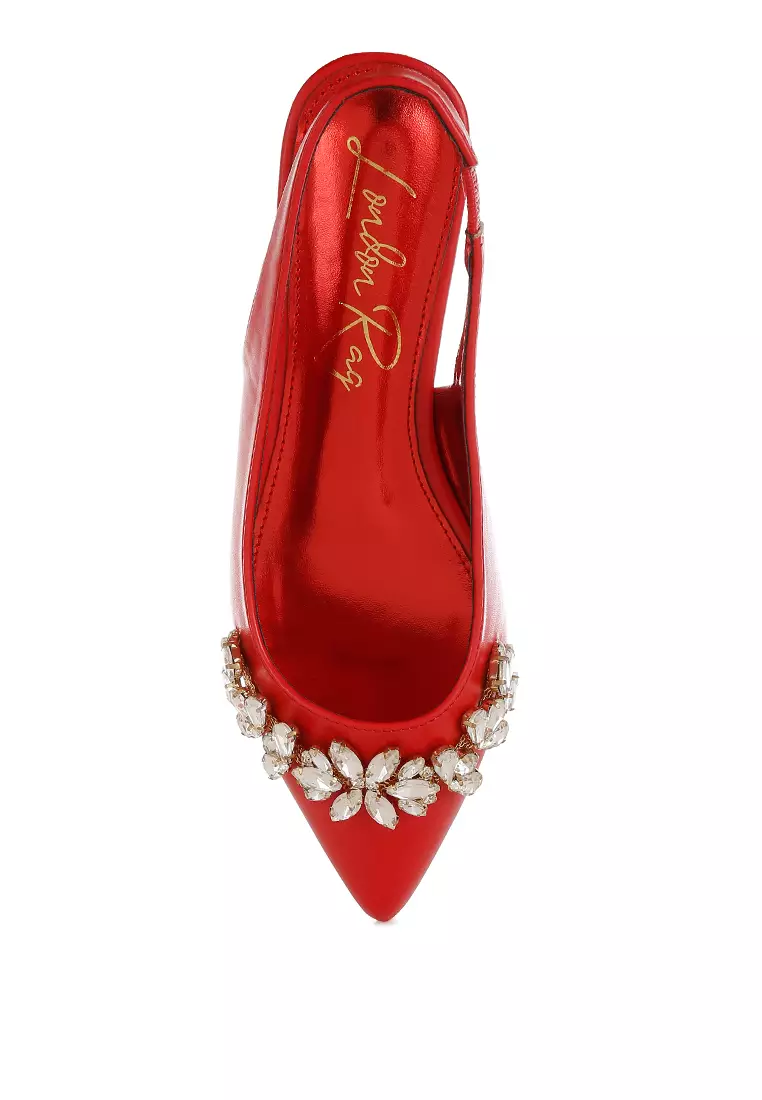 Diamante Embellished Flat Sandals in Red