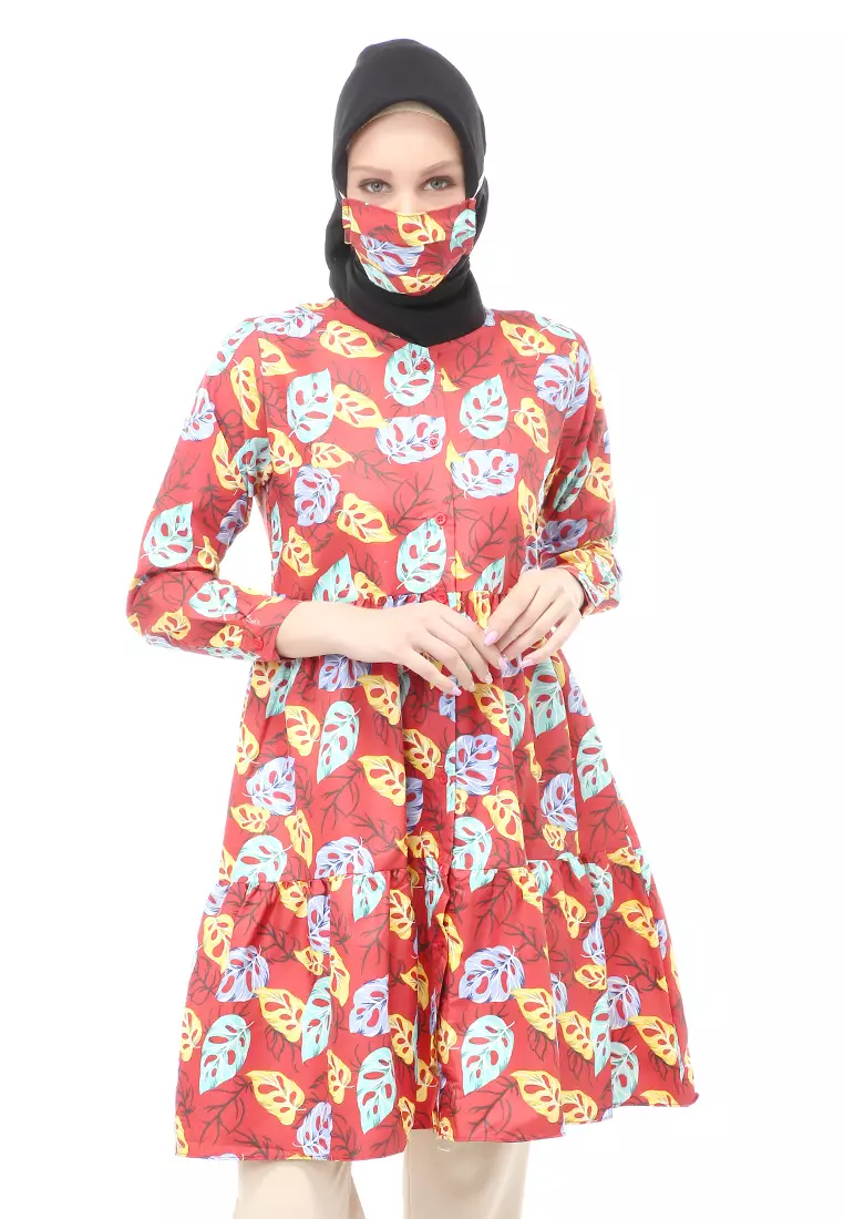 Sania Tunik Muslimah Atasan Wanita Long Sleeve Free Face Mask Premium Quality - 10 Maroon