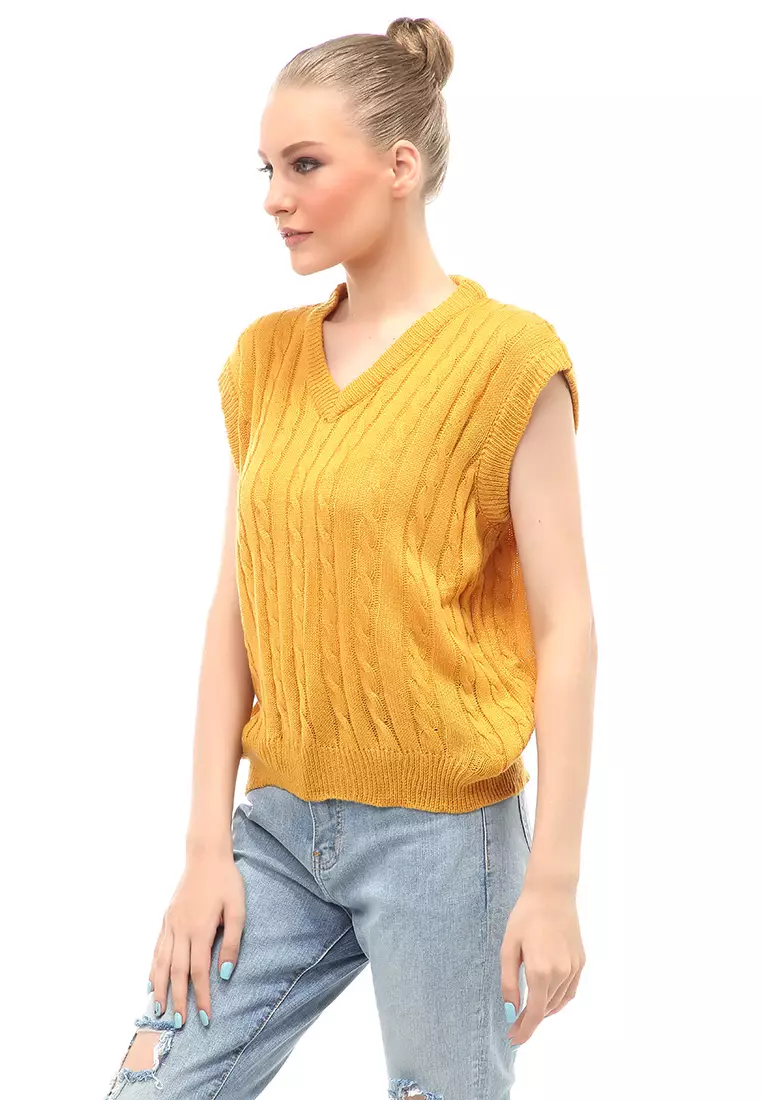 Urice Vest Rajut Atasan Wanita V-neck Sleeves Design Elegant - Mustard