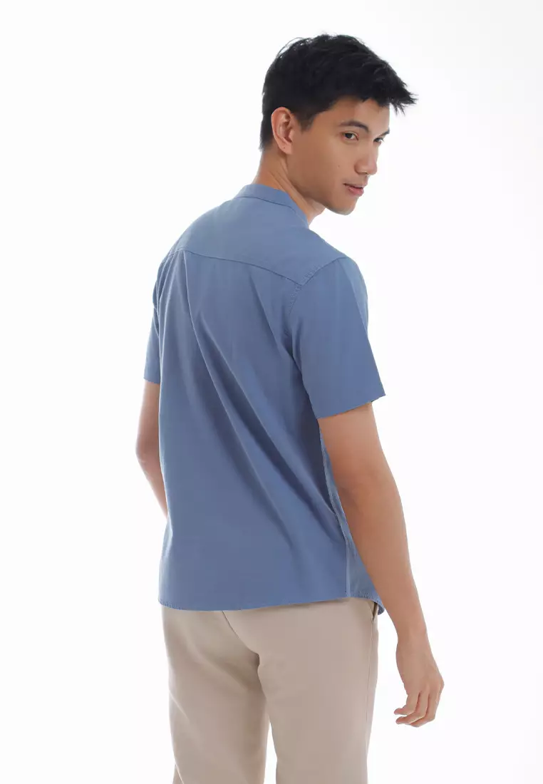 Forest Woven Mandarin Collar Short Sleeve Men Shirt | 621405-31Blue