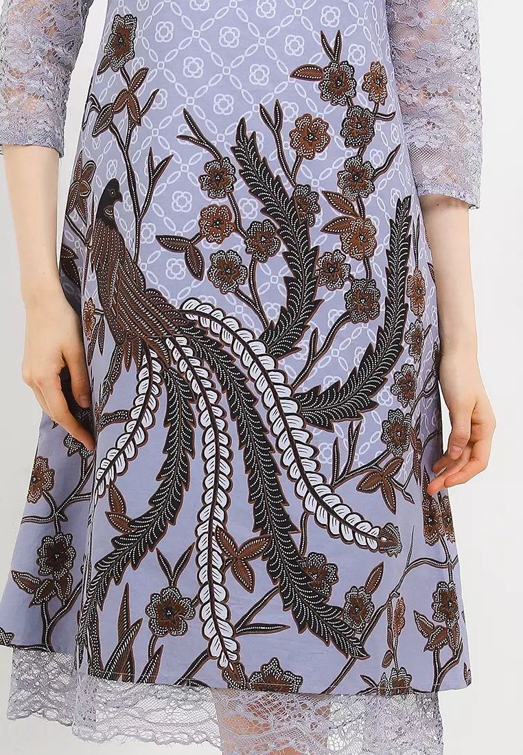 Dress Batik Wanita Furing Kombinasi Lace Brukat Emira Grey