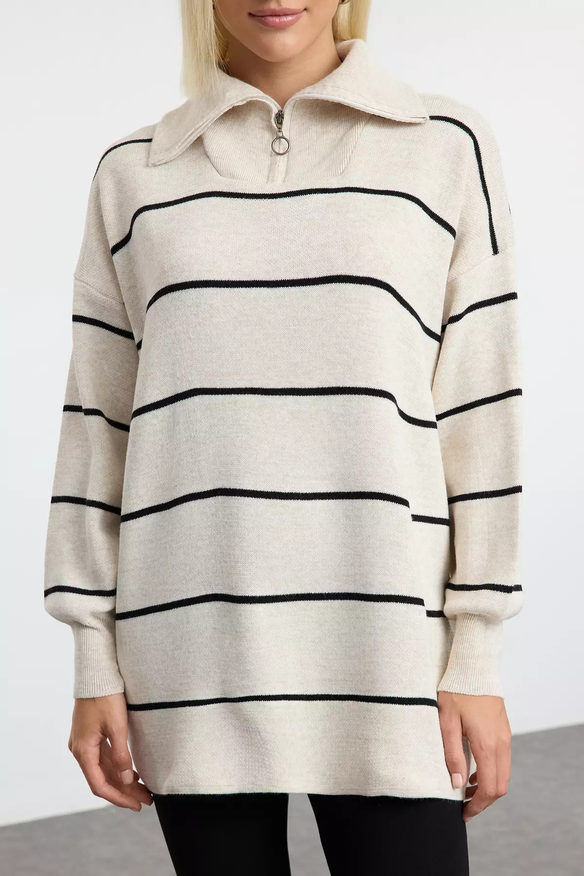 Stone Striped Turn-Down Collar Zipper Detailed Knitwear Sweater Tctaw25Ak00064