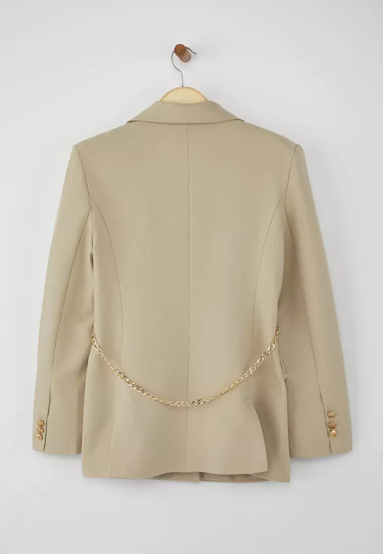 Limited Edition Mink Accessory Chain Detailed Woven Blazer Jacket