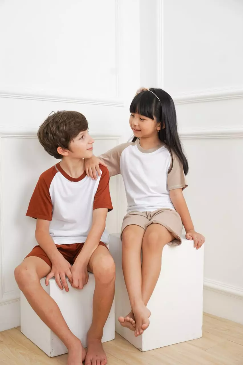 BAJU TIDUR PIYAMA ANAK SETELAN LENGAN PENDEK CELANA PENDEK- Raglan Bamboo Playset Taupe