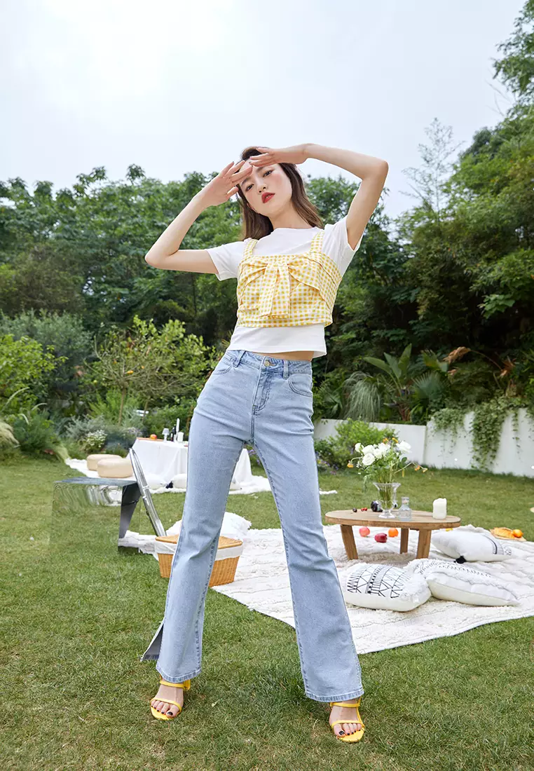 Round Neck Tee with Checkered Tank Top