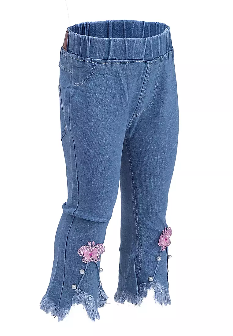 Yocelyn Celana Jeans 7/8 Anak Perempuan Kid Long Pants Desain Rawis Material Denim ORIGINAL - Light Blue