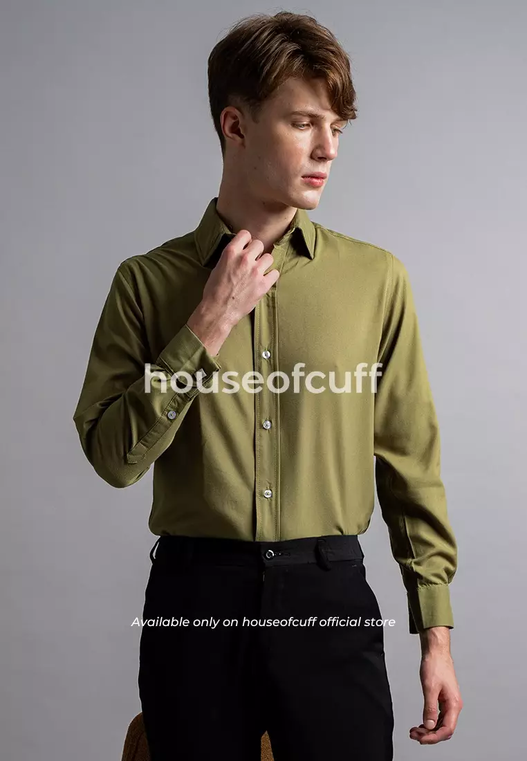 Houseofcuff Kemeja Kerja Formal Pria Model French Cuff / Double Cuff Dengan Cufflinks Warna Hijau Olive (Incl.Collar Stay + Cufflinks )