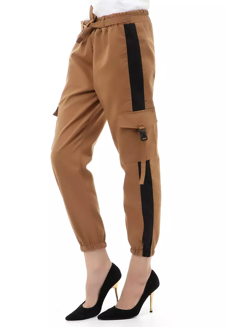 Jourel Celana Panjang Kasual Wanita Jogger Cargo Pants Plered Line Material Cotton ORIGINAL - Mocca Black