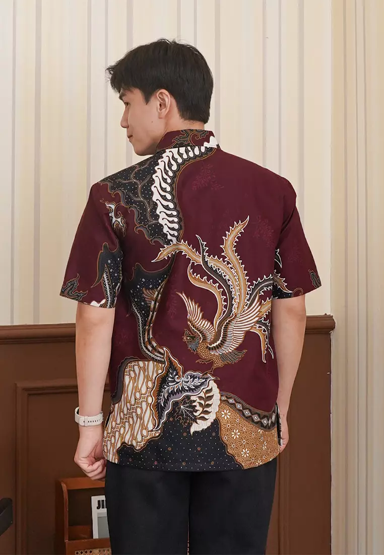Enzy Batik Essential Kemeja Batik Pria Lengan Pendek Adinata - Burgundy