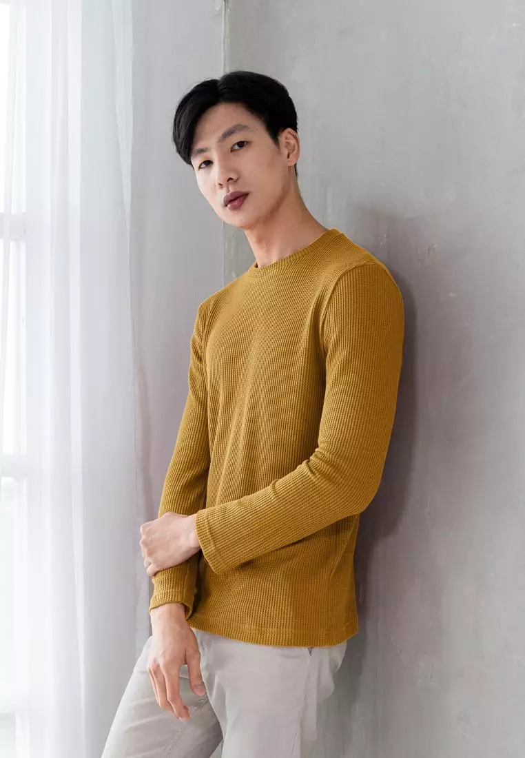 Kale Raffle Mustard / Kaos Polos Tekstur Lengan Panjang Pria