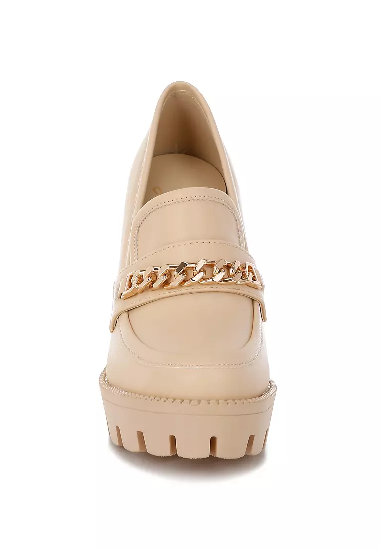 Chunky High Block Heeled Loafers in Beige