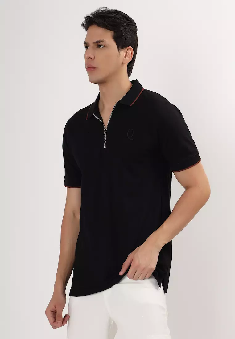 Mens Black with Brown Tipping Collar Cotton Polo Shirt/T-Shirt With Zip, Short Sleeve, Relaxed Fit, Smart Casual, Loungewear