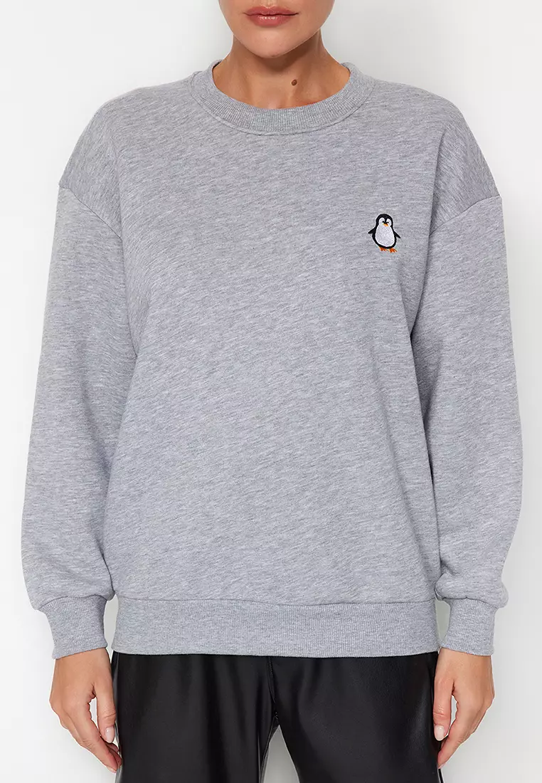 Grey Embroidered Regular Fit Thick Fleece Inside Sweatshirt