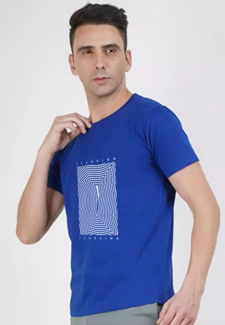 Circular Print Graphic Royal Blue Cotton Short Sleeve Regular Fit Tee