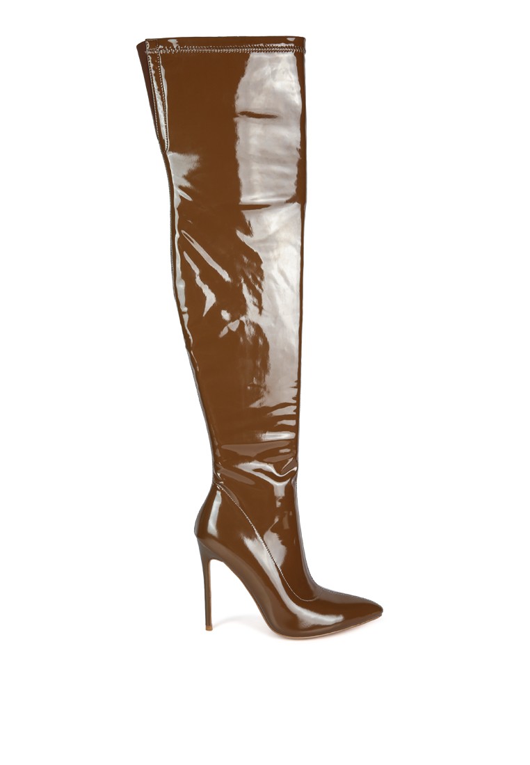 Brown Patent PU Stiletto Long Boots