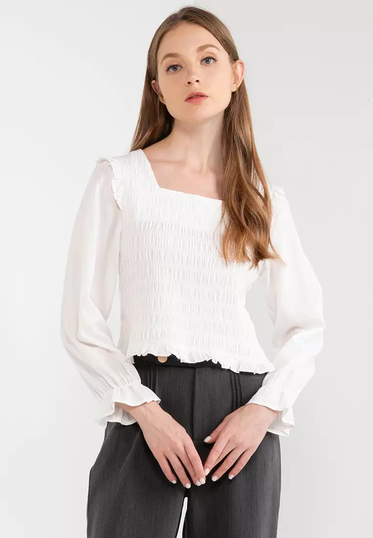ELLE Long Sleeves Smocked Square Neck Top 2024 Buy ELLE Online