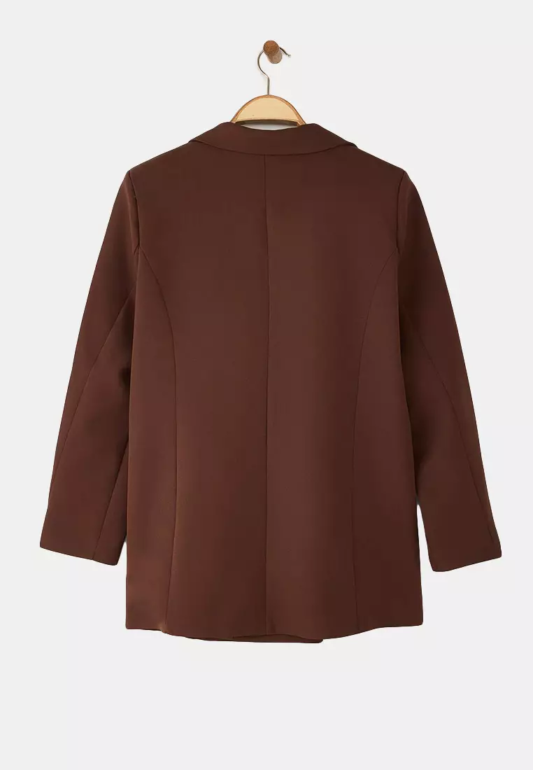 Brown Oversize Lined Buttoned Blazer Jacket