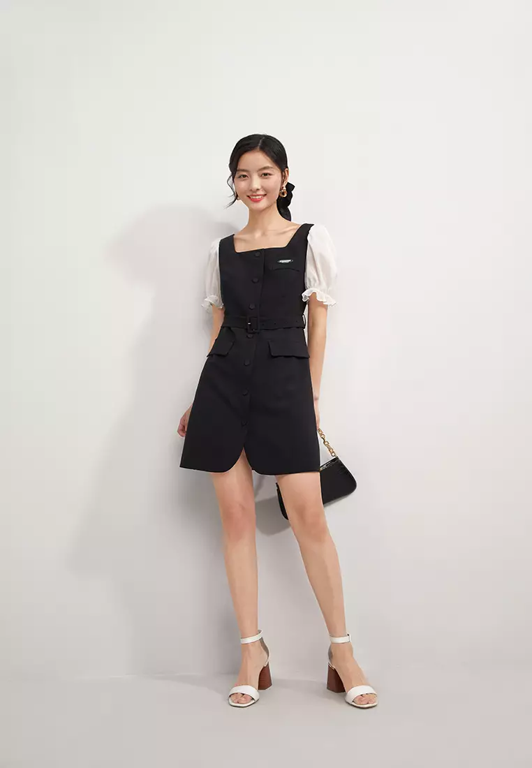 Hopeshow Square Neck Contrast Sleeve Mini Dress