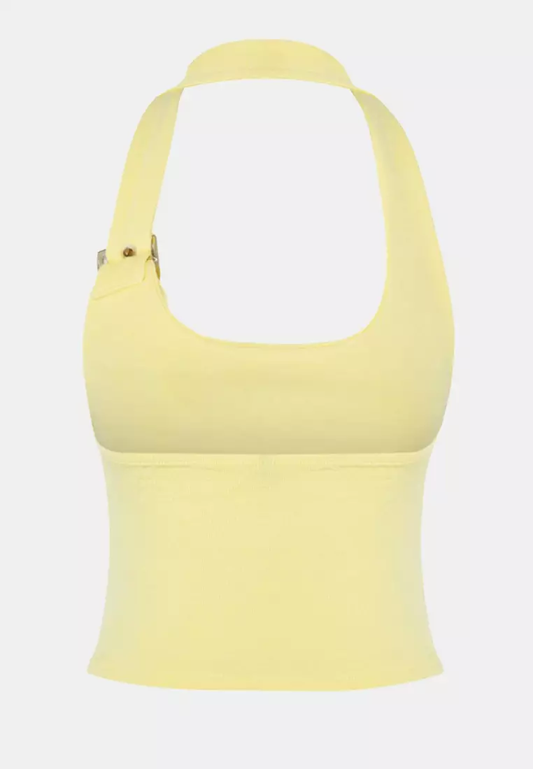 Light Yellow Halter Neck Belt Detail Fitted/Slim Fit Knitted Blouse