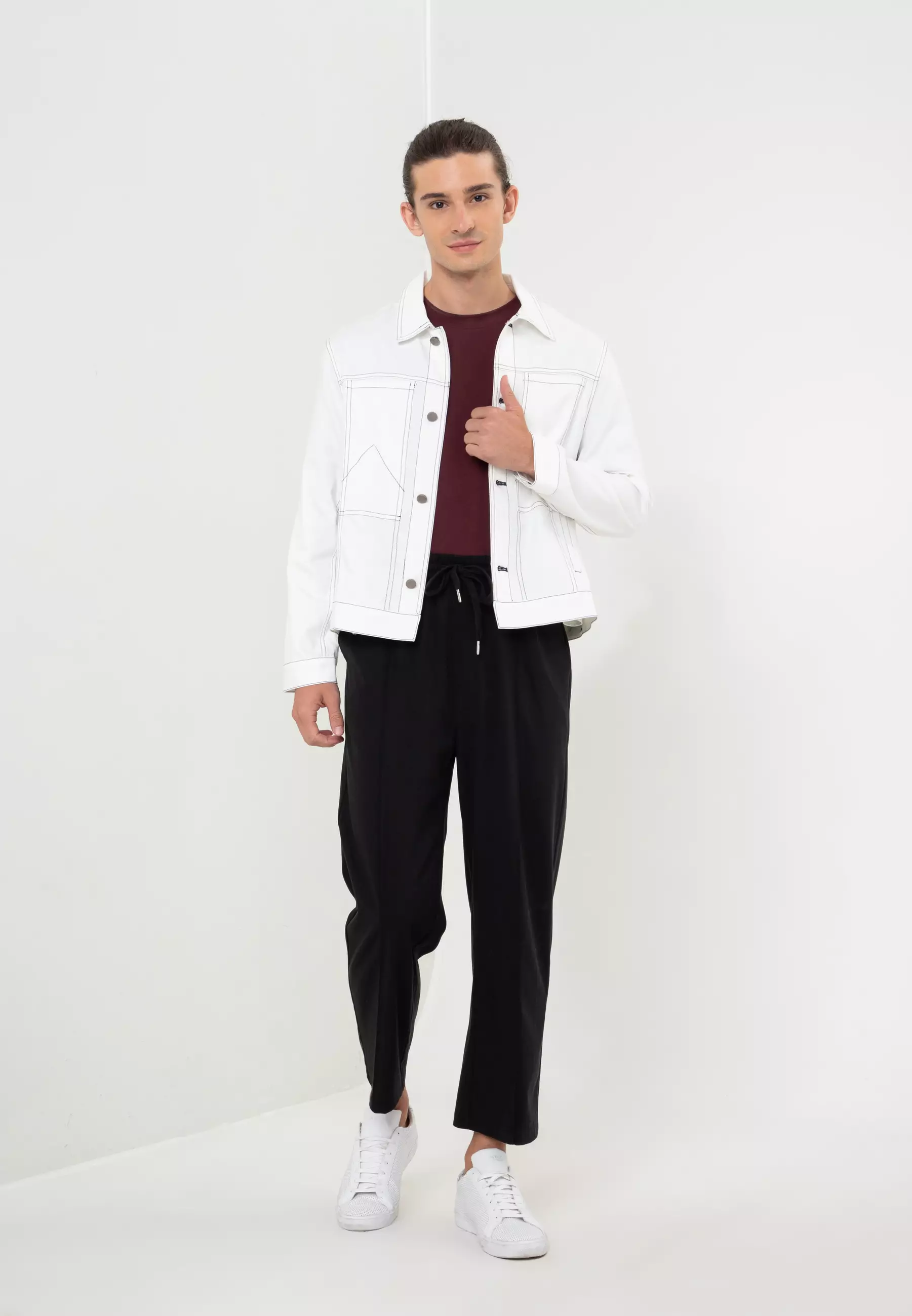 Red denim jacket shop with white stitching