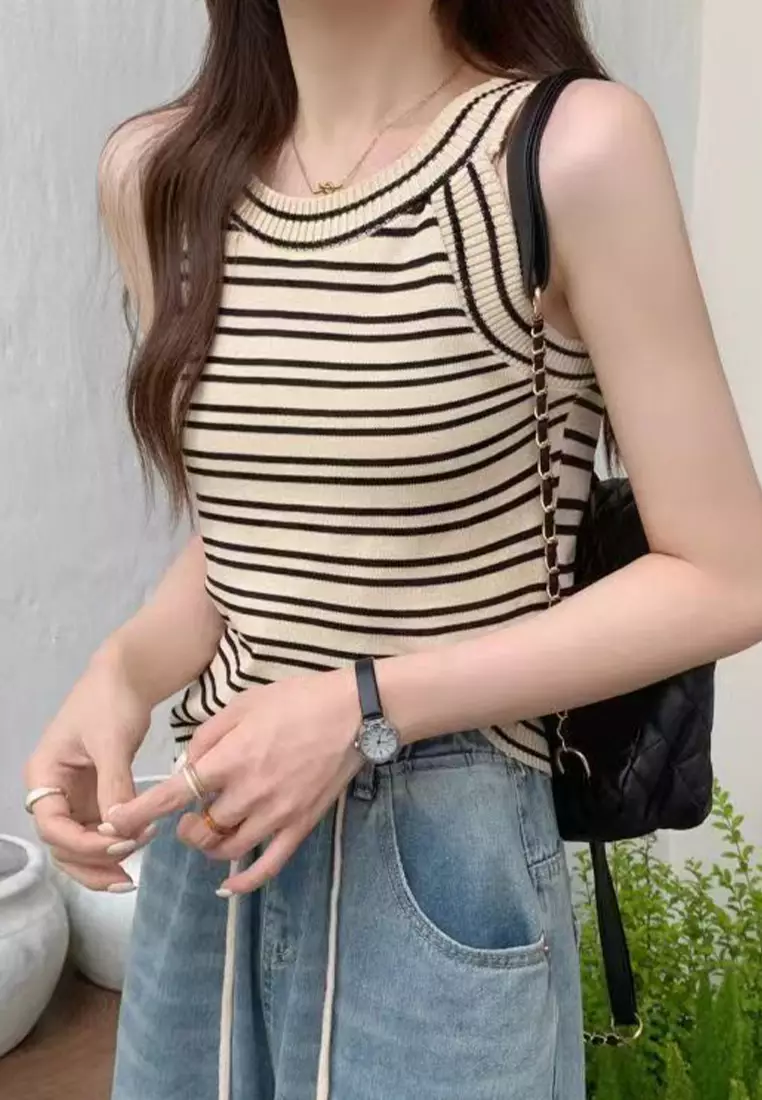 Summer New Retro Striped Halter Vest Sleeveless Top CA24050635BE
