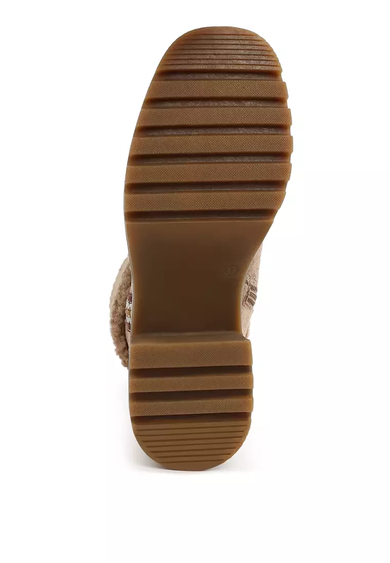 Faux Fur & Embroidery Detail Boots in Beige