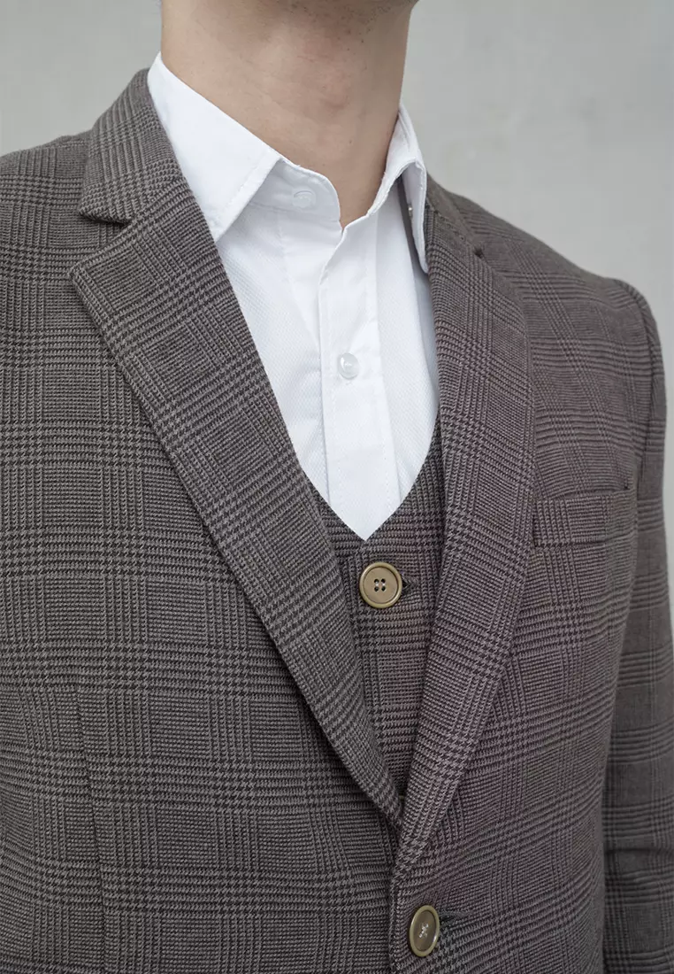 Houseofcuff Jas Celana Vest Rompi Blazer Coklat Slim Fit Motif Kotak