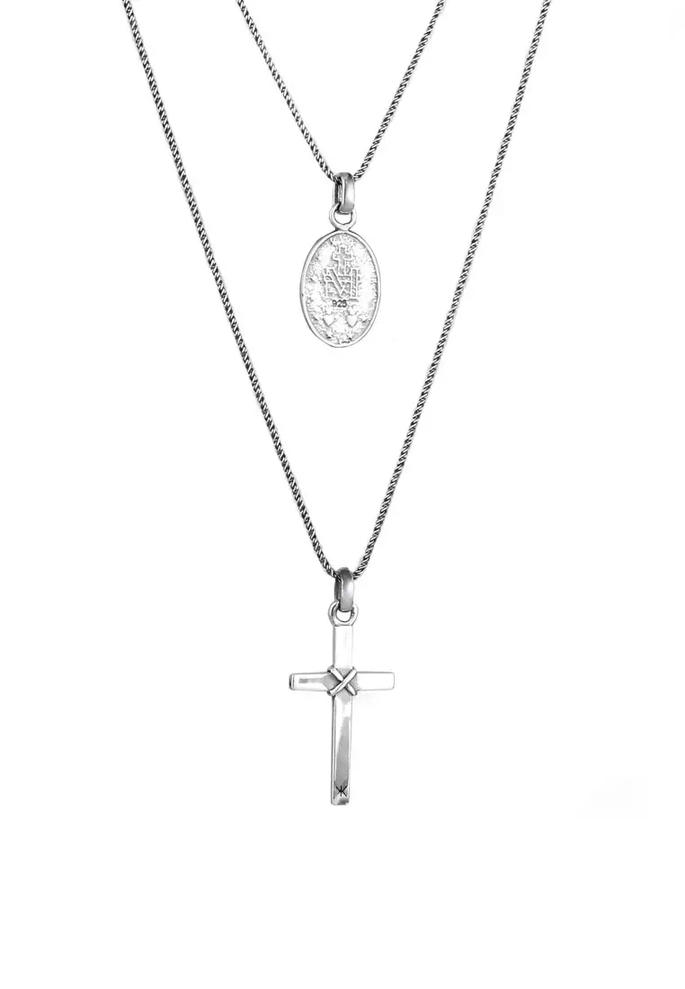 EXCLUSIVE Kalung Perhiasan Perak 925 Pria Cross Cord Layer