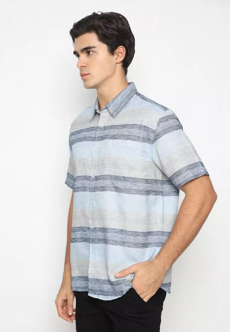 POLICE Kemeja Salur Printing Biru Abu Regular Fit Pria