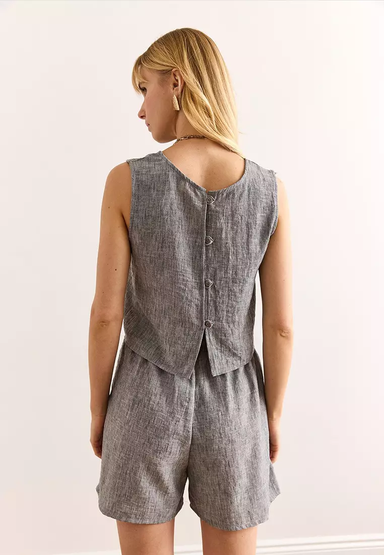 Top Back Button Blouse Bottom Pocket Shorts Set