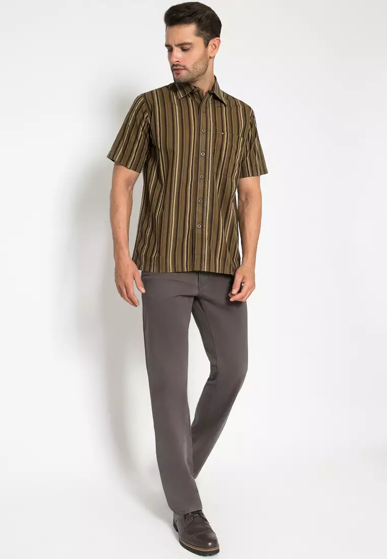 LGS - Kemeja Casual - Motif Salur - Coklat - Regular Fit