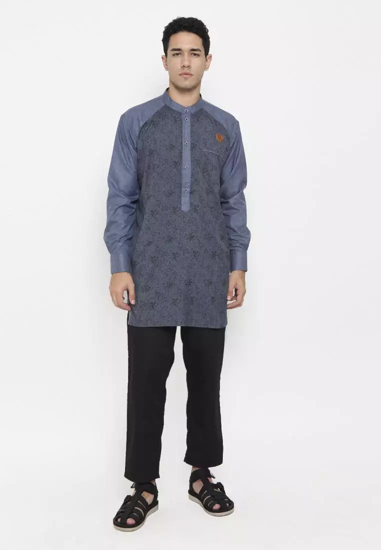 Zayidan Baju Koko Gamis Muslim Pria Fudail Pjg - Biru Motif