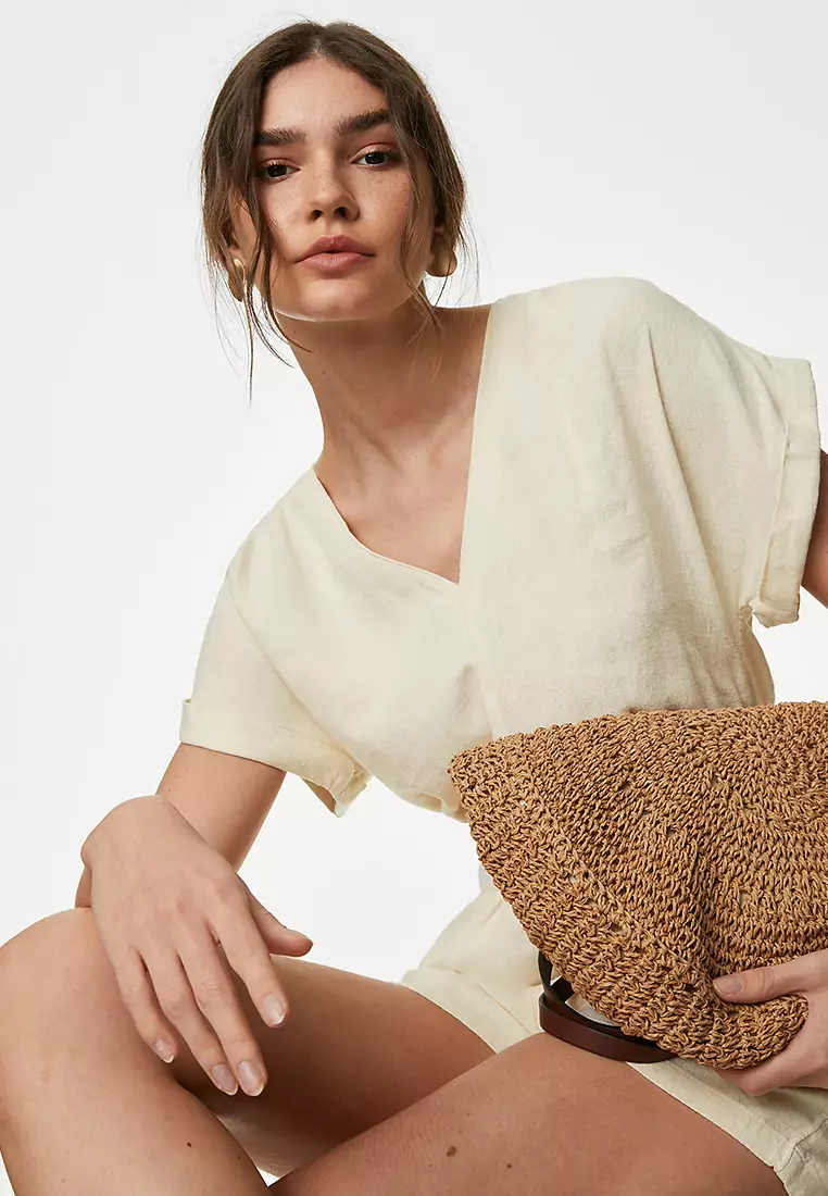 Linen Rich V-Neck Short Sleeve Playsuit