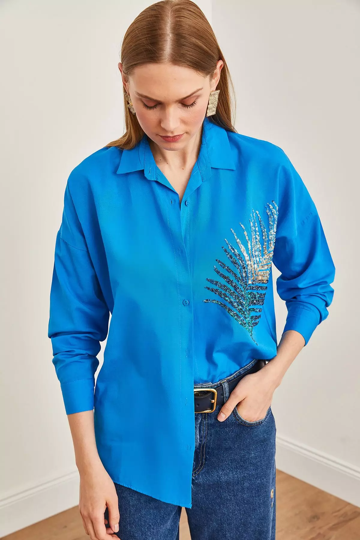 Palm Sequin Detailed Oversize Woven Poplin Shirt