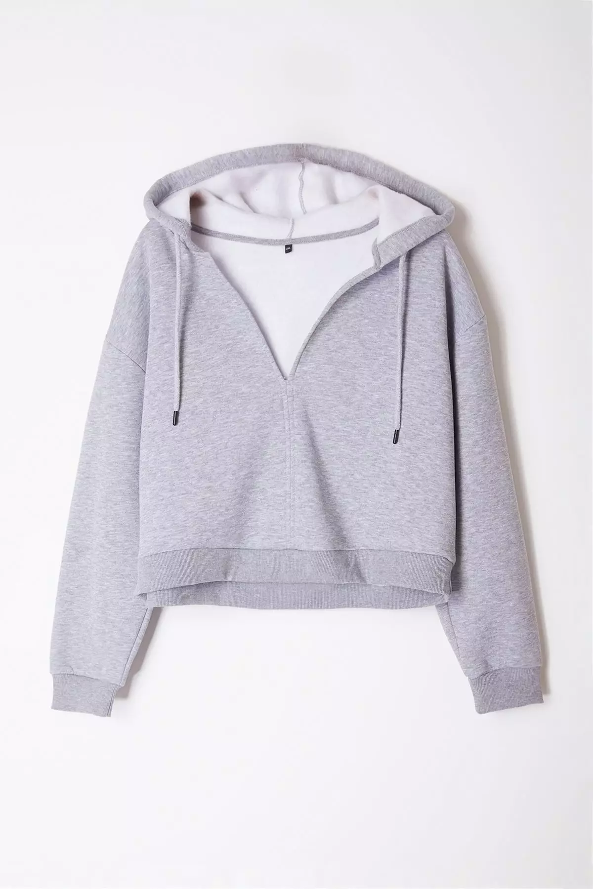 Gray Deep V Neck Crop Top With Polar Fleece Inside Knitted Plus Size Sweatshirt Tbbaw25Ao00006