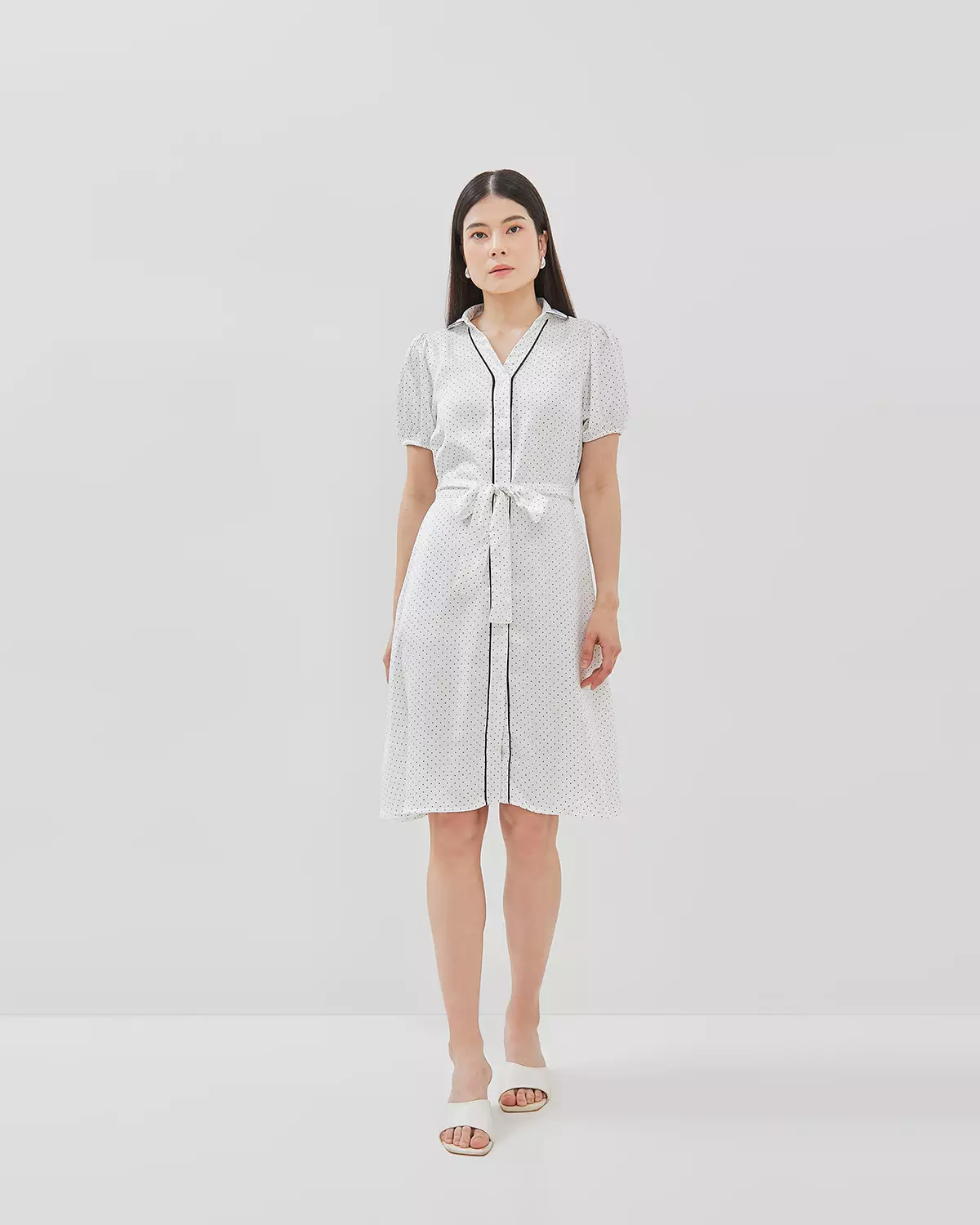 WOMEN'S WHITE POLKADOT MIDI DRESS