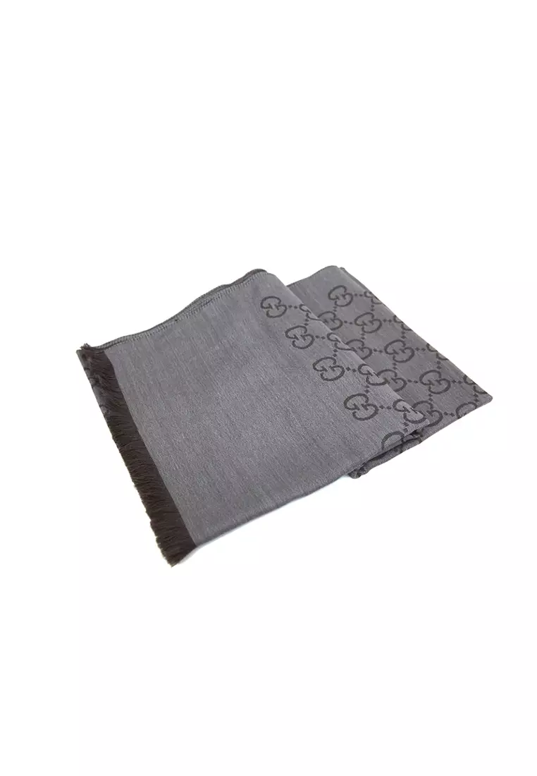 GG Logo Wool Silk Scarf in Dark Grey 165904 3G646