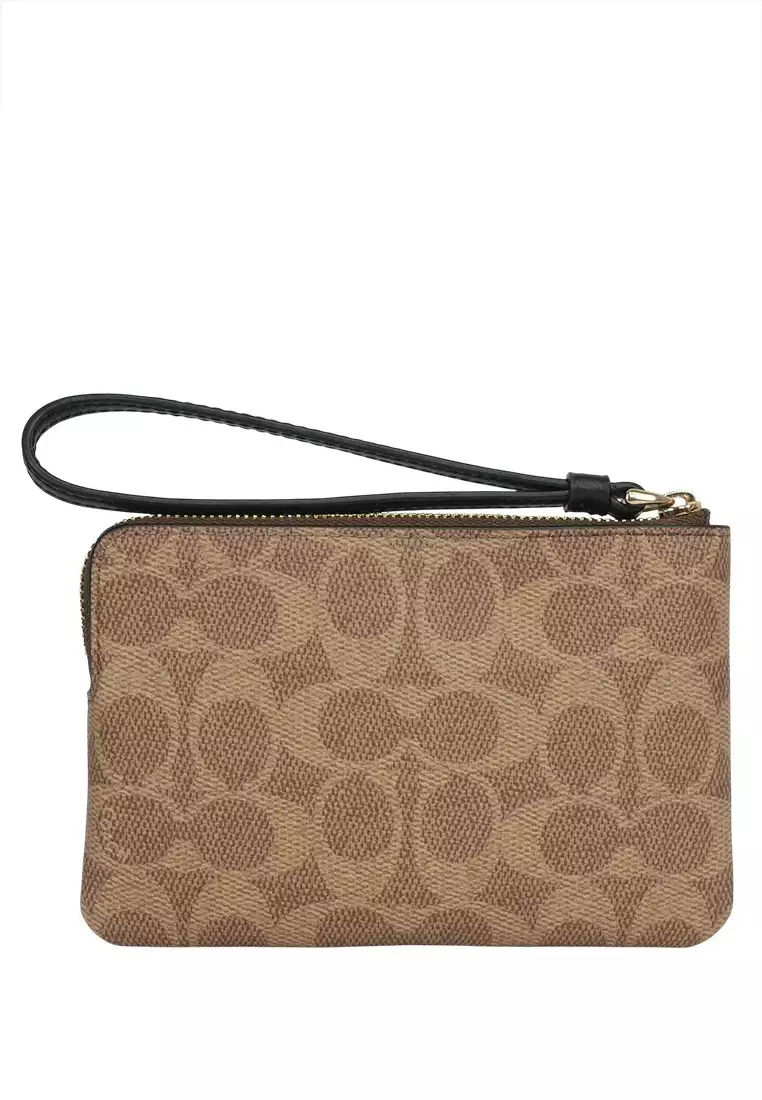 Corner Zip Wristlet In Signature Canvas With Stripe - Tan/Black