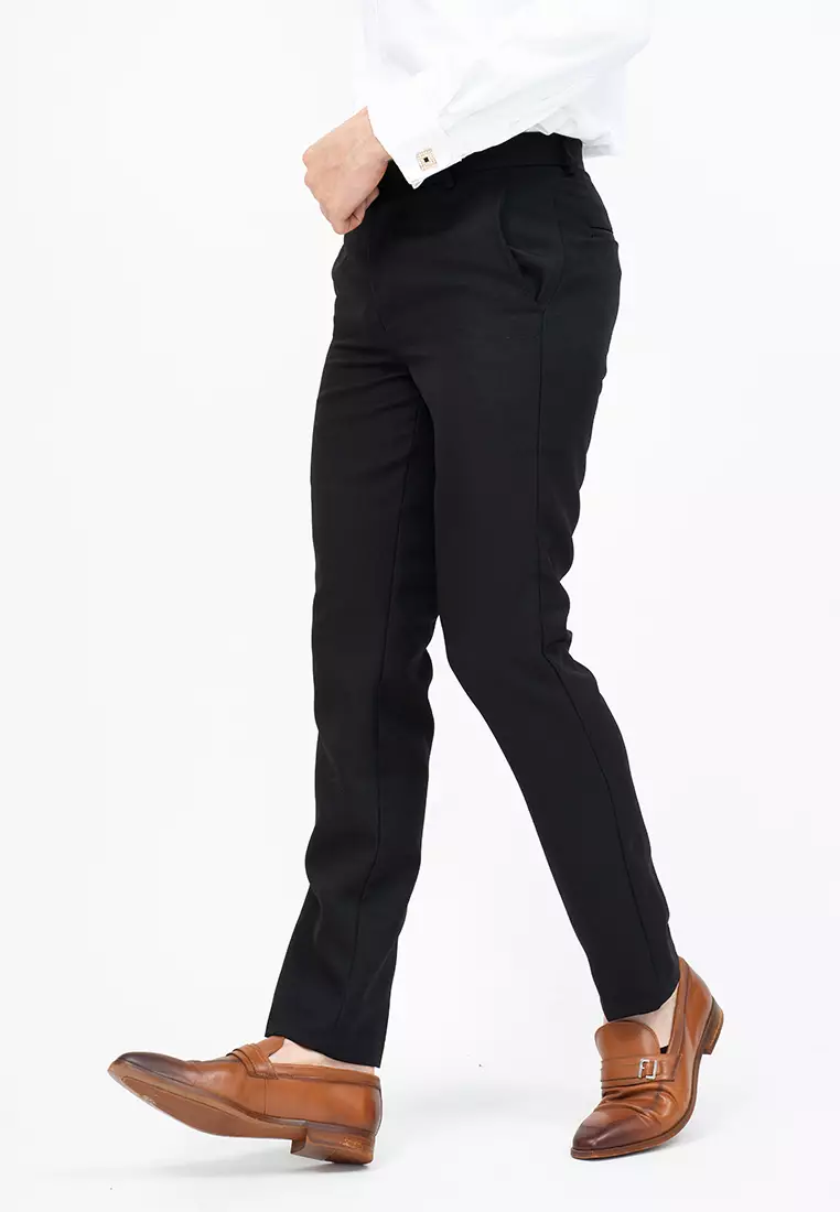 Celana panjang pria slim fit kerja formal button celana bahan stretch Hitam