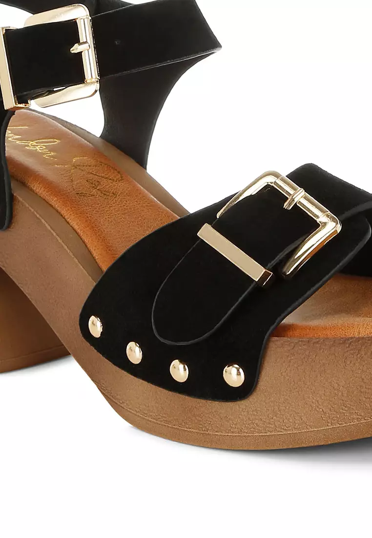 Real Suede Leather Clog Sandals In Black