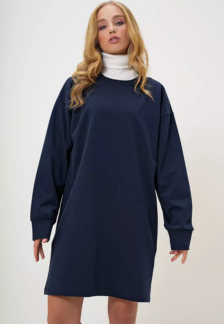 Women's Navy Blue Crew Neck Sweatshirt Dress Alc-X13137