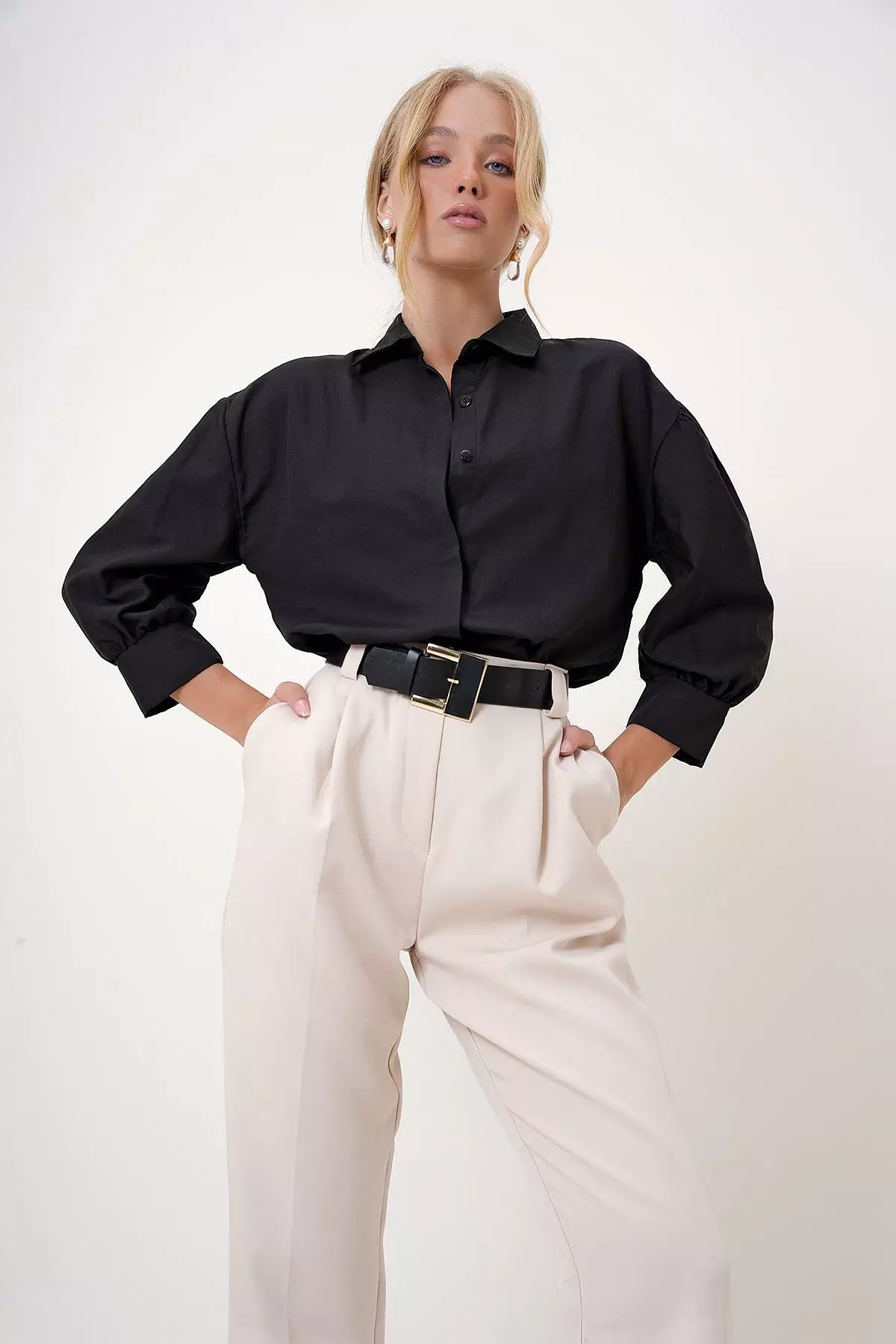 Balloon Sleeve Basic Poplin Shirt