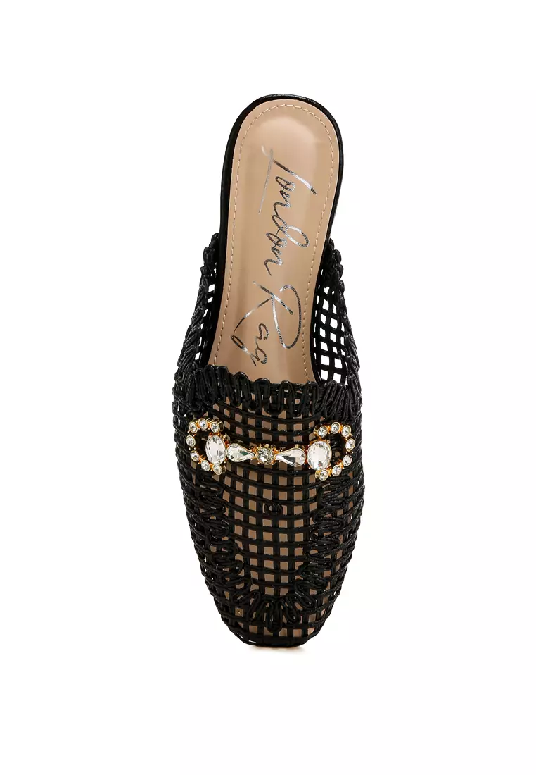 Metallic Woven Diamante Mules in Black